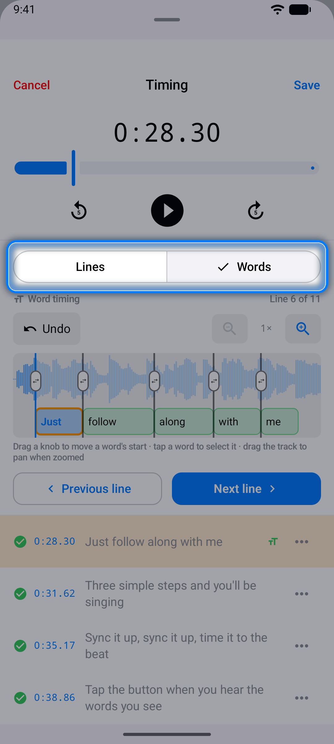 Timing screen in Words mode with the current line's words placed on the waveform timeline and the Lines | Words selector highlighted