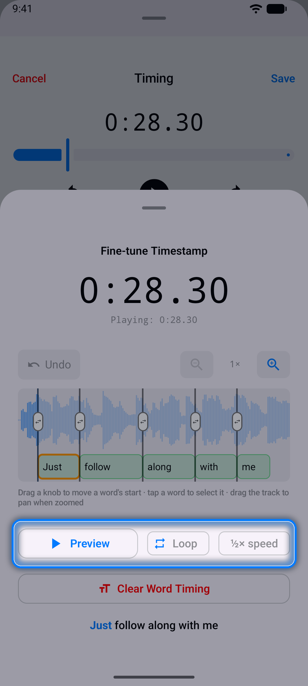 Adjust Timing sheet for a word-timed line with the word timeline, Preview, Loop, and half-speed controls
