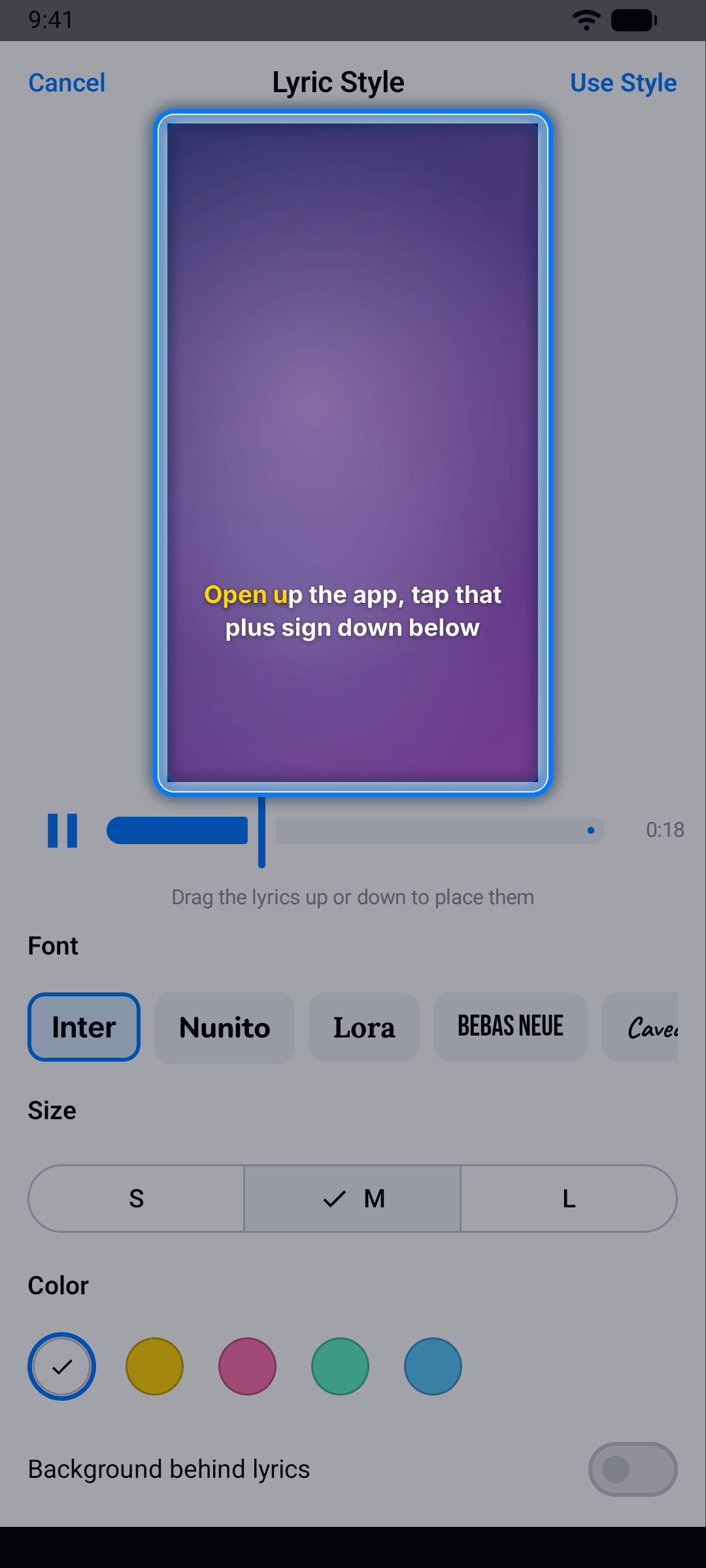 Lyric Style screen previewing lyrics on a video, with font, size, color, background, and animation options