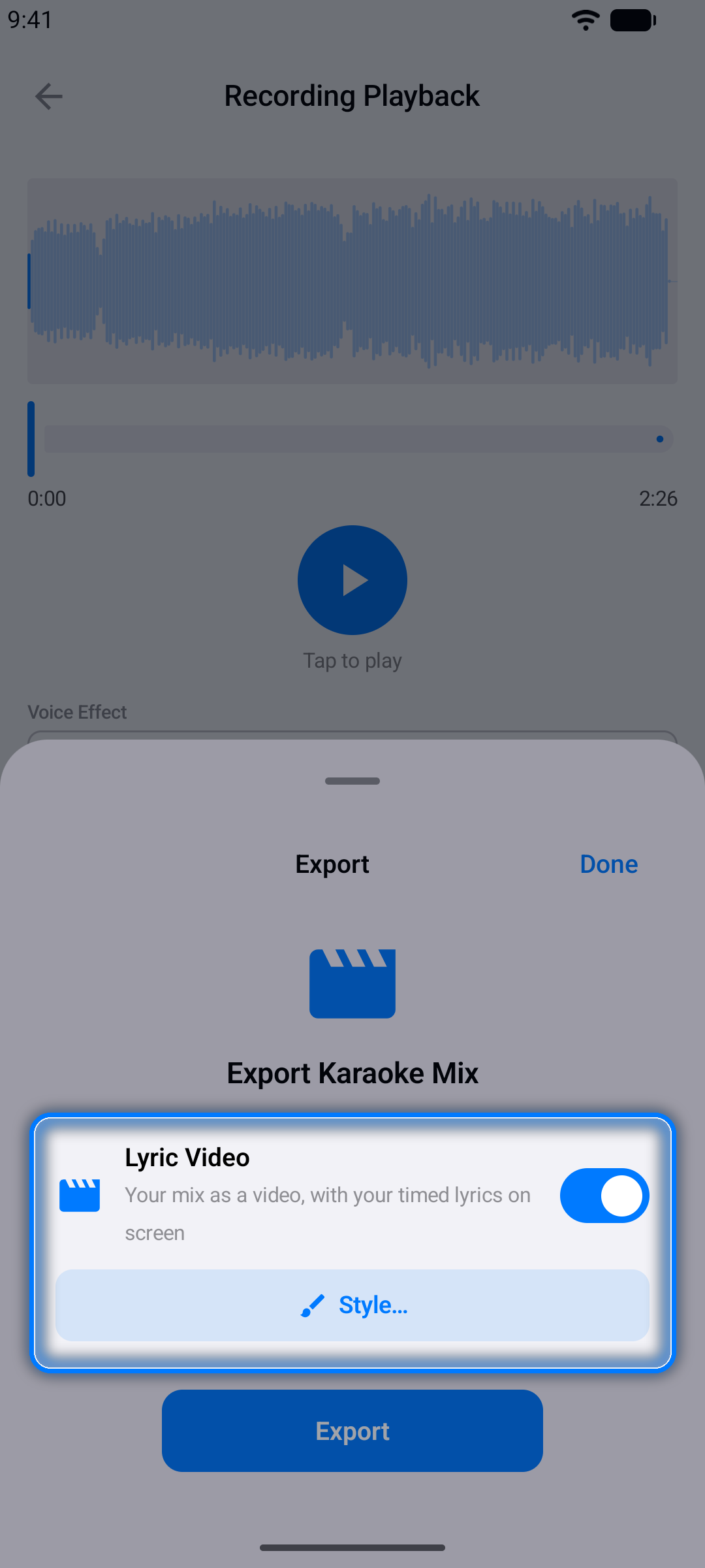 Export Mix sheet for an audio take with the Lyric Video switch on and the Style button highlighted