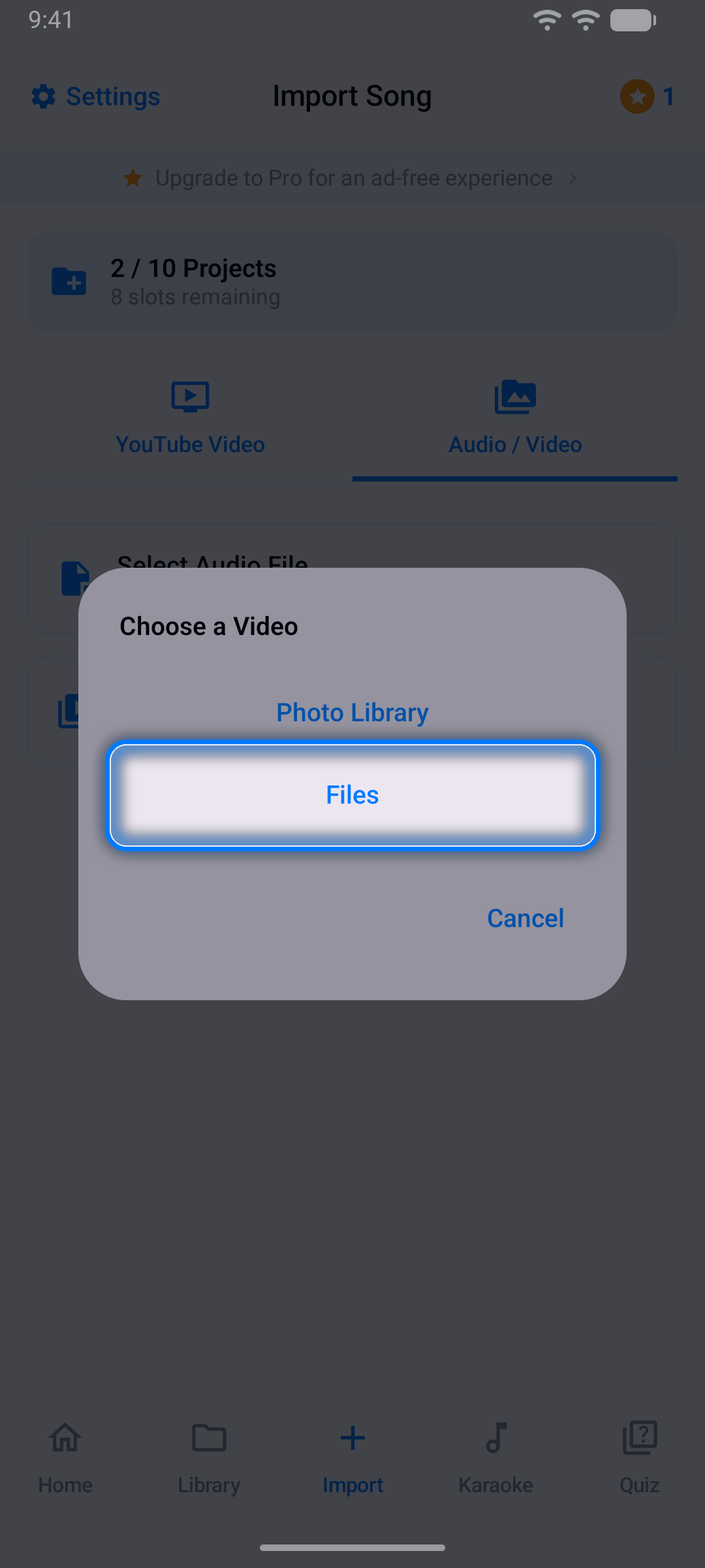 Import tab with Audio / Video selected and the Choose a Video menu offering Photo Library and Files
