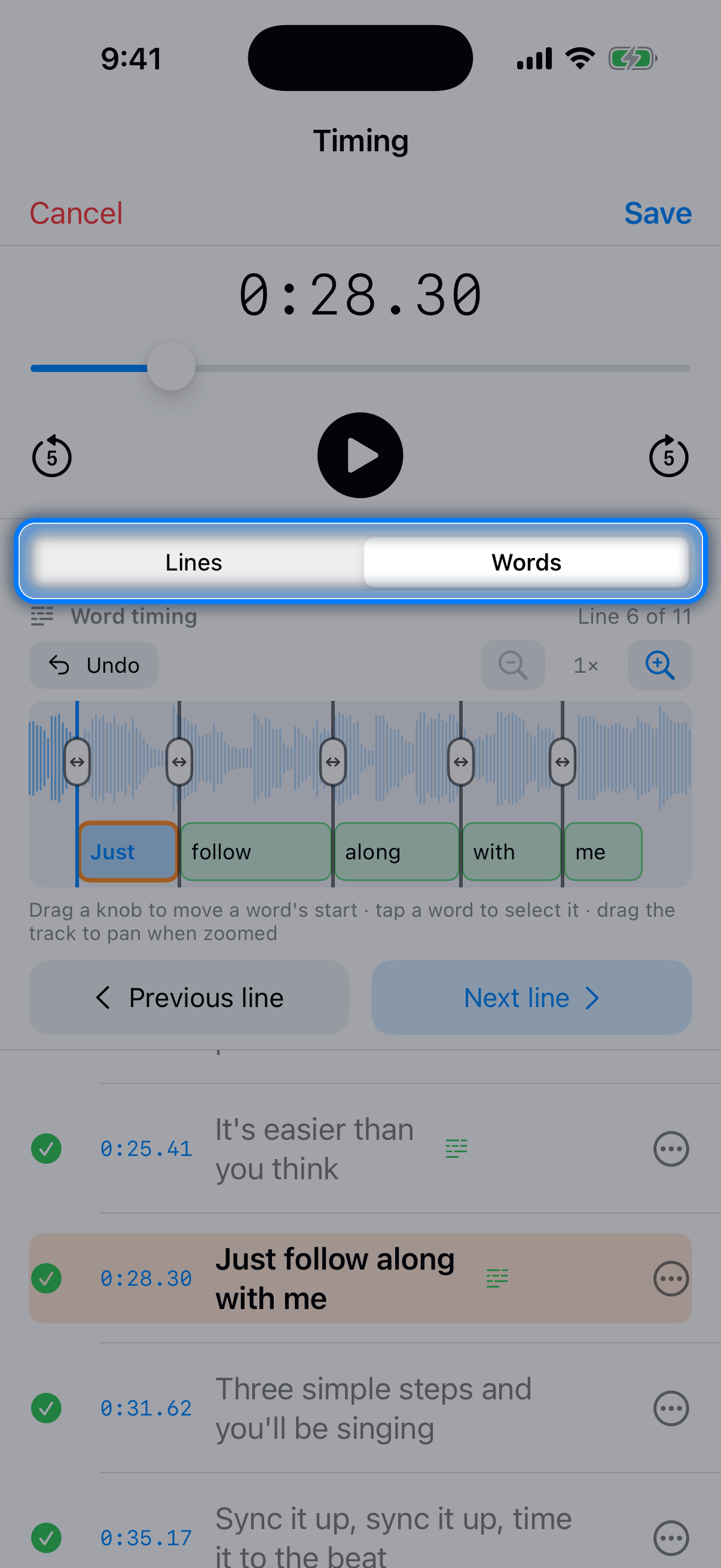 Timing screen in Words mode with the current line's words placed on the waveform timeline and the Lines | Words selector highlighted