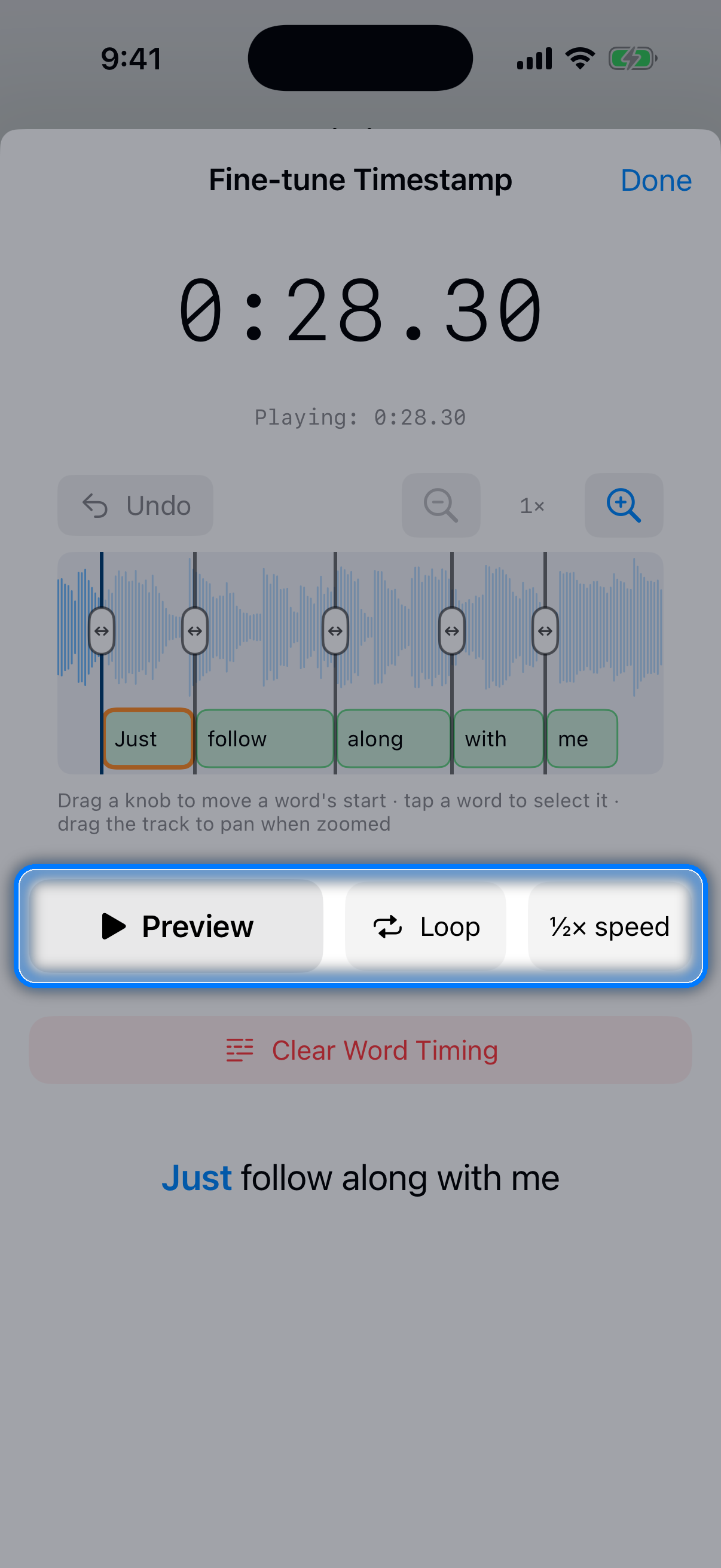 Adjust Timing sheet for a word-timed line with the word timeline, Preview, Loop, and half-speed controls