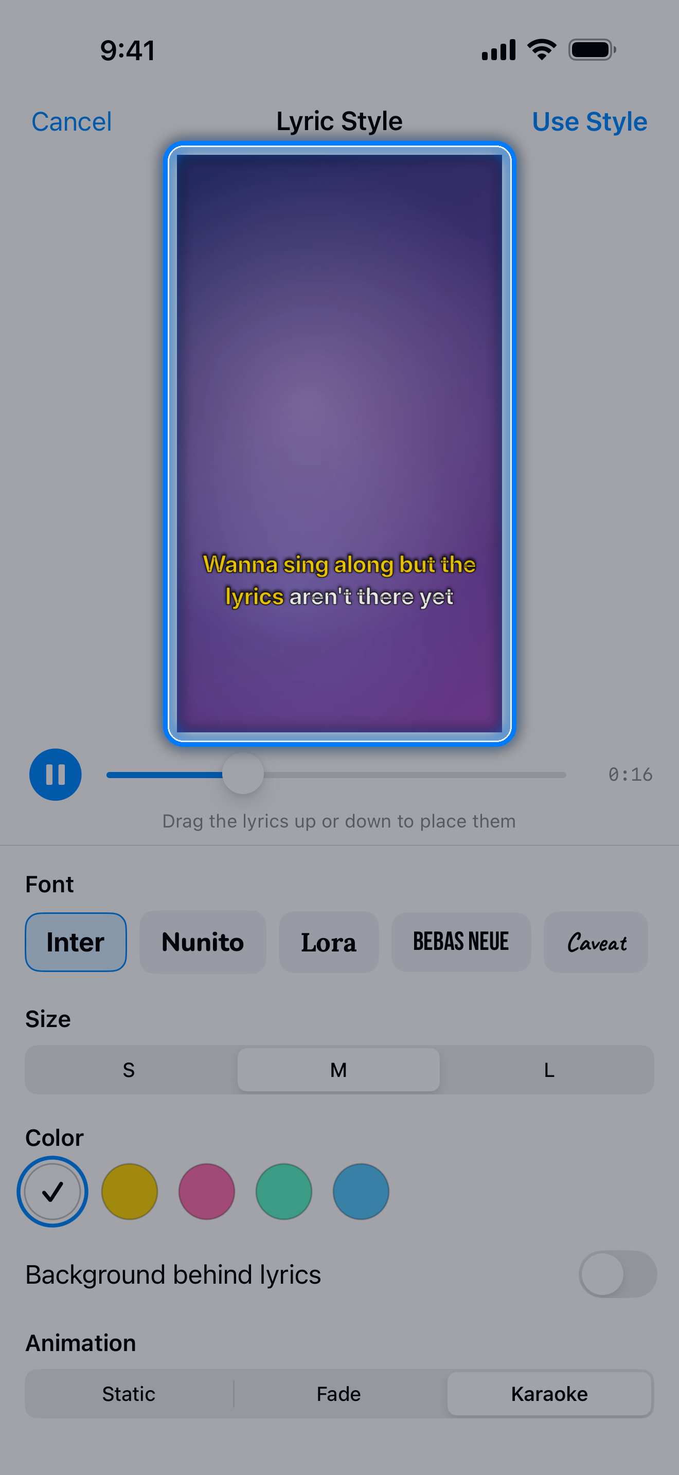 Lyric Style screen previewing lyrics on a video, with font, size, color, background, and animation options