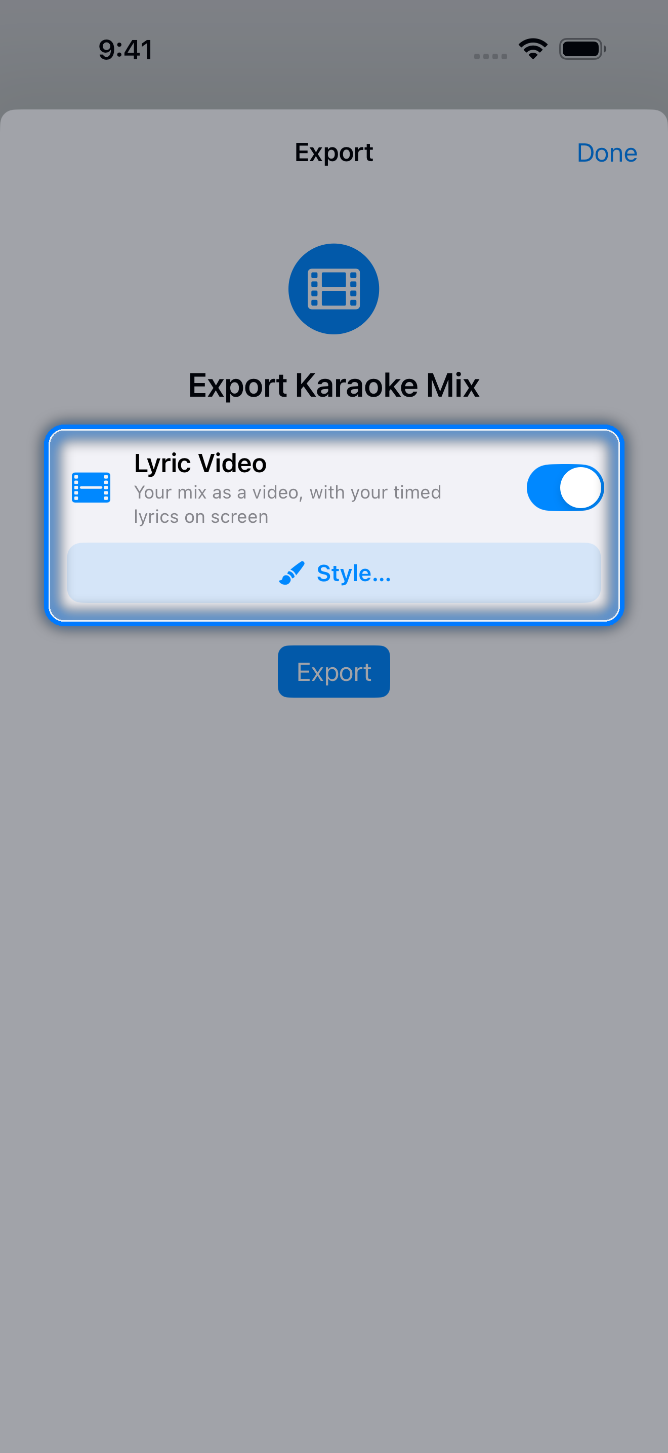 Export Mix sheet for an audio take with the Lyric Video switch on and the Style button highlighted